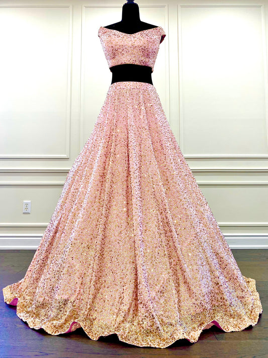 blush pink ruffle net dupatta lehenga