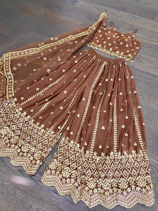 brown plazzo set accented with gold sequence