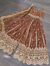 brown plazzo set accented with gold sequence 